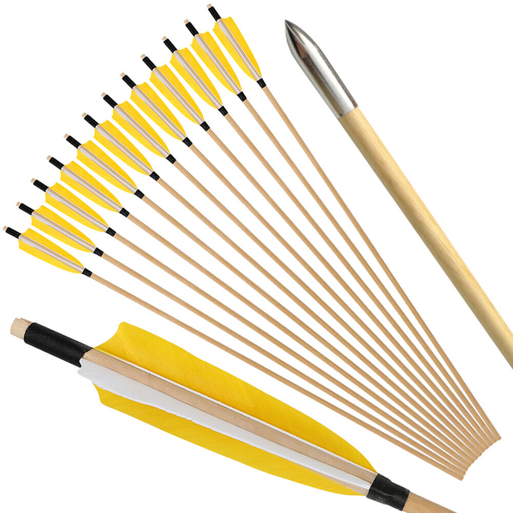 32" Traditional Wooden Arrows 12pcs, 5" Shield Turkey Feather Fletching